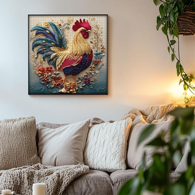 PICKFORU Rooster 1000 Piece Puzzle for Adults, Embroidery Art Chicken Jigsaw Puzzles Flower, Sewing Animal Theme Puzzle