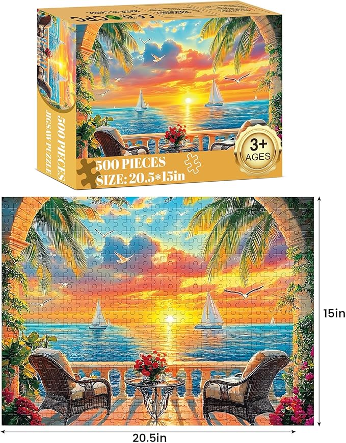 Puzzles for Adults 500 Pieces, Jigsaw Puzzles 500 Pieces Adult Puzzles Ocean Sunset Puzzle Recycled Cardboard Funny Challenging Puzzle Game Activity Nights Gift Toy 20.5x15inch