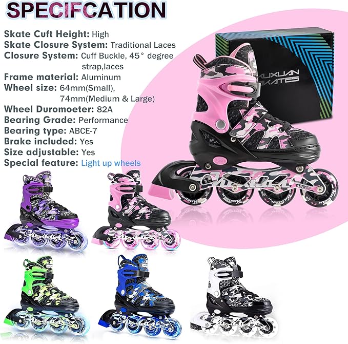 Kuxuan Boys Adjustable Inline Skates with Light up Wheels, Fun Illuminating Skates for Kids Girls Youth