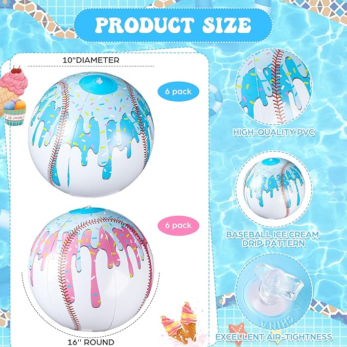 12 Pack Beach Balls, 10'' Ice Cream Drip Baseball Themed Beach Balls Inflatable Ball for Baseball Party Favors Summer Swimming Pool Birthday Holiday Outdoor Decoration(Stylish)