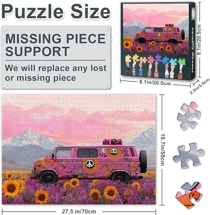 1000 Pieces Puzzles for Adults - Large Jigsaw Puzzle Pink Van, Field Mountain Sunset Travel Challenging Mind Game, for Puzzle Enthusiasts, Wall Decor, 19.5 x 27.5 Inch