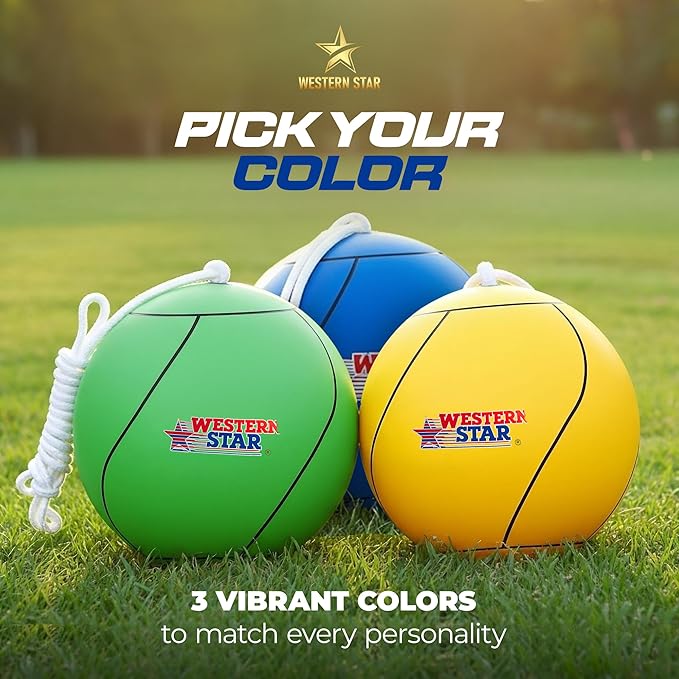 Western Star Tetherball Game Set - Soft-Touch Tether Ball with 2 Reinforced Attached Ropes - Outdoor - 4 Colors - Classic Family Game