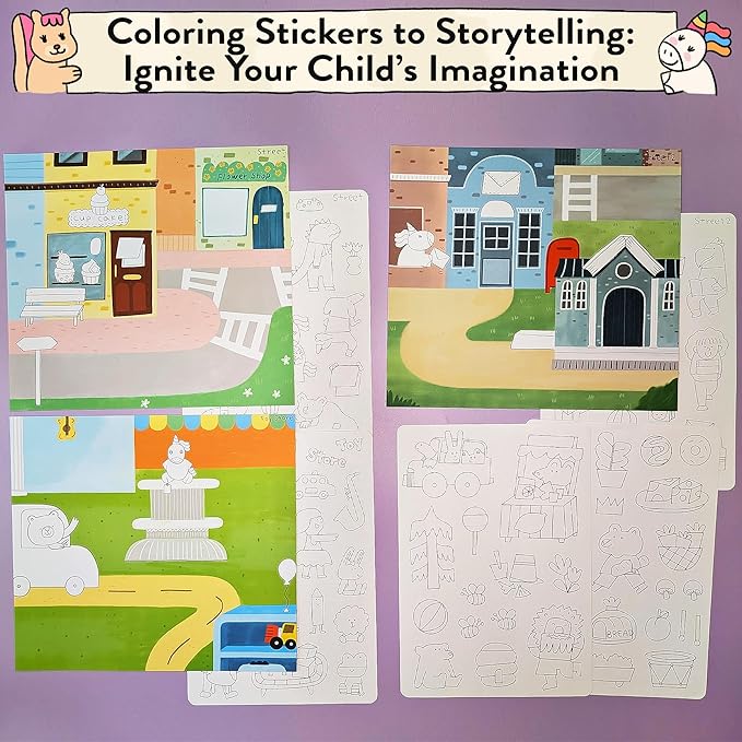 Together Art My Town Color Your Own Storytelling Sticker Kit - Hand-Drawn Scenes & Coloring Your Own Stickers - DIY Arts & Crafts Gift for Kids 4-10 - Designed, Partially Produced & Assembled in USA