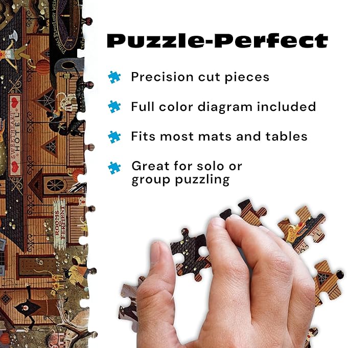 Buffalo Games - Trick or Treat Hotel - 500 Piece Puzzle for Adults - Charles Wysocki Fall Jigsaw Puzzles - Challenging Halloween Scene with Poster – 500 Vibrant Pieces for Autumn