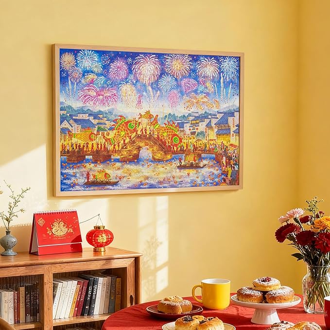 MOMIBOOK 1000 Piece Puzzle for Adults Jigsaw Puzzles of Lanternlit Starnight, Gilding Happy New Year Painting Image Challenging Hard Impossible Puzzle Unique Party Christmas Birthday Gifts