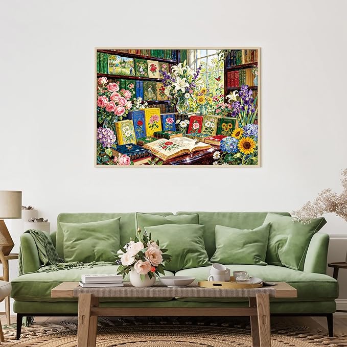 1000 Piece Jigsaw Puzzle for Adults- Enchanted Library Floral Garden Art – Challenging Paper Puzzle with Vibrant Books Flowers & Nature Details | Perfect for Game Nights Home Decor Book Lover Gifts