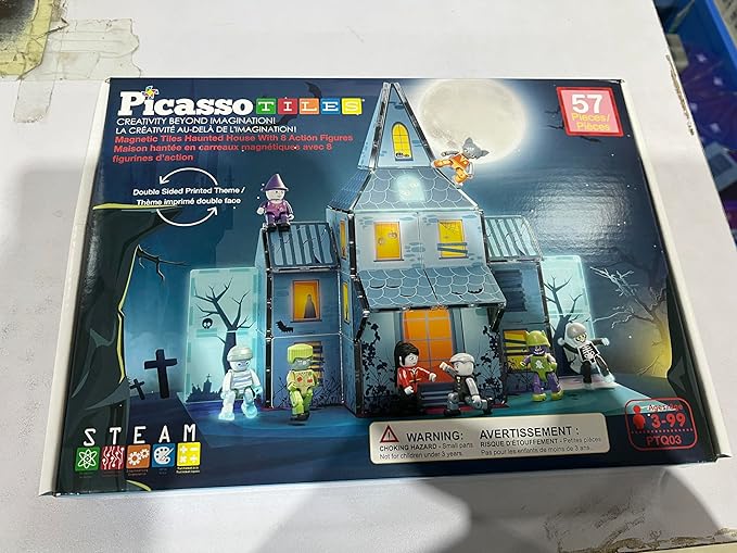 PicassoTiles Haunted House Theme Magnet Tile Building Blocks 8 Action Figures Magnetic Construction Toy Double Sided Printing Education STEM Learning Playset Halloween Adventure Kid Ages 3+ PTQ03