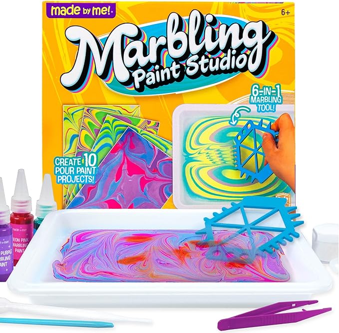 Made By Me Marbling Studio, 25-Piece Marbling Kit for Kids - Make 10 Pour Paint Art Projects - Dip & Paint Marbling Arts & Crafts for Ages 6-9 - Fun Gift