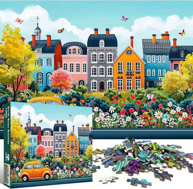 1000 Piece Puzzle for Adults, Small Town Scenery Jigsaw Puzzle, Impossible Puzzles Game, Interlock Perfectly No Dust, Home Decoration Puzzle, Gifts for Easter Father's Mother’s Day