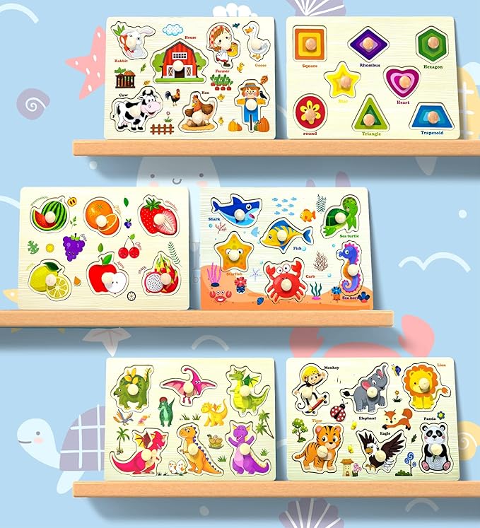 Wooden Peg Puzzles for Toddlers,Montessori Toddler Jigsaw for Child,Fine Motor Skill Learning Puzzle Toys for Baby Boys Girls Gifts-6 Pcs Shape,Farm,Sea Animal,Dinosaurs,Fruits,Animal