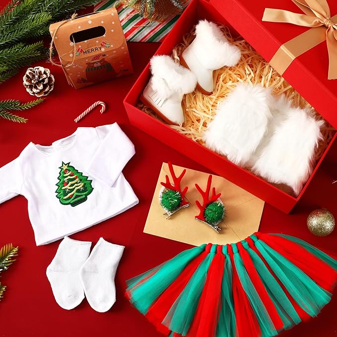 UPINS Christmas 18 Inches Doll Clothes and Accessories Winter Doll Outfits Set Christmas Deer Costume Includes Tutu Dress Vest T-Shirt Shoes Hairpin Socks for 18 Inch Doll Girls Gifts