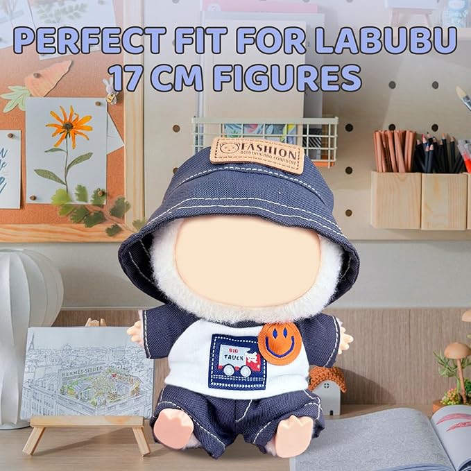 17cm Doll Clothes Set – Designer Blue Shirt Outfit with Hat, T-Shirt & Pants – Fits 17cm Sitting or Standing Dolls (No Doll)
