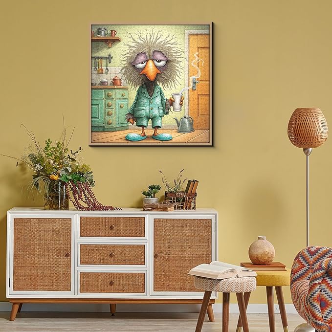 Funny Bird Puzzles for Adults 1000 Pieces, Cute Morning Coffee Birds Jigsaw Puzzles, Sleepy Tired Animal Puzzle