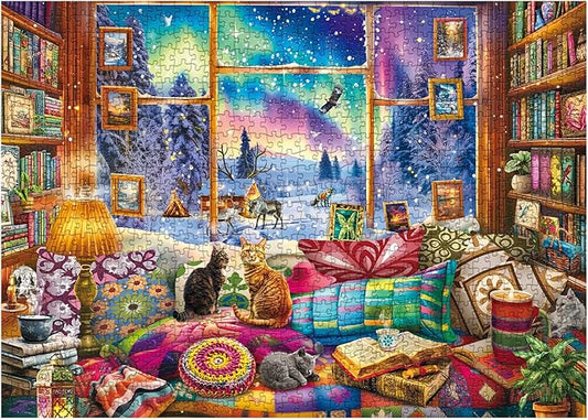 Winter Book Nook Puzzle 1000 Piece for Adult, Cozy Cabin Northern Lights Jigsaw Puzzle, Cat Animals Puzzles