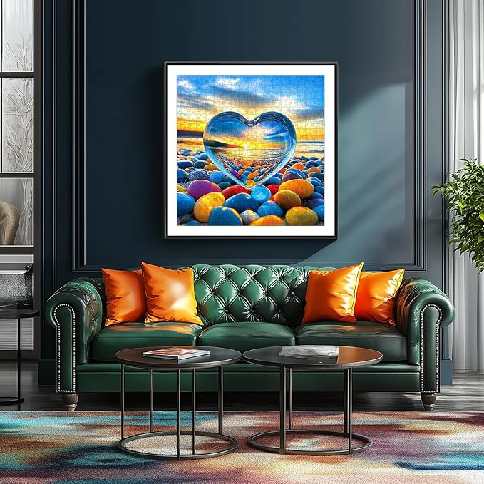 MINIWAN 500 Piece Jigsaw Puzzle for Adults - Heart of Glass: Sunset Beach with Colorful Pebbles, 20x20 Inch Large Piece Unique Art Puzzle, Challenging Hard Difficult Puzzles for Adults