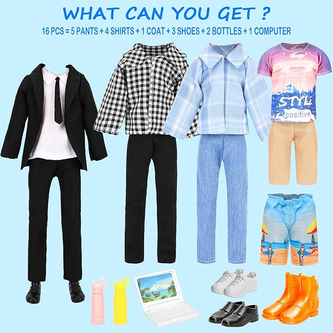 Miunana Lot 16 Items Doll Clothes & Accessories Classic Black Suit for Boy Doll Include Random 4 PCS Casual Wear + 5 PCS Dolls Pants + 3 Pairs of Shoes Laptop Water Bottles