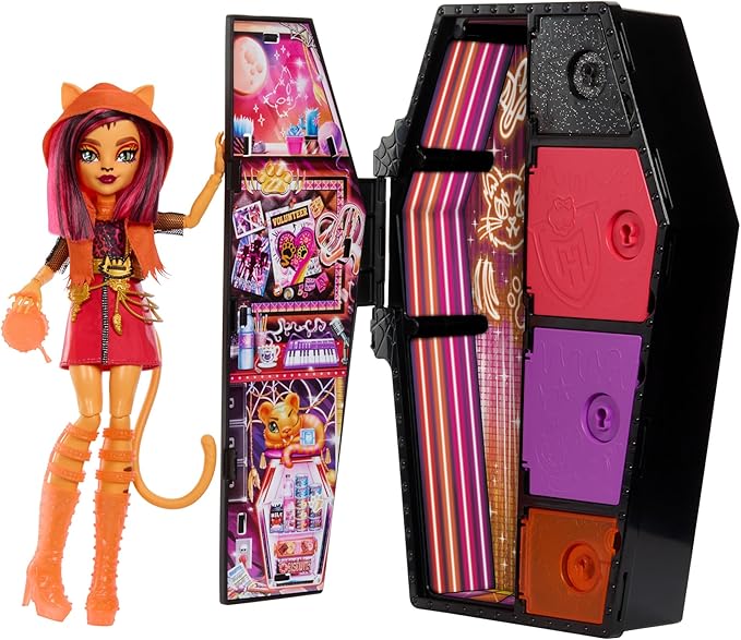 Monster High Skulltimate Secrets Neon Frights Doll & Accessories, Toralei Stripe with Dress-Up Locker & 19+ Surprises