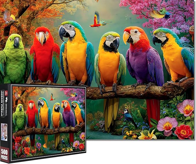 Parrot Puzzles for Adults 500 Pieces - Colorful Forest Bird Jigsaw Puzzle, Beautiful Wildlife Puzzles with Letters on Back, Challenging Hard Difficult Spring Puzzles as Thanksgiving Home Decor