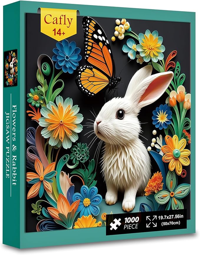 1000 Piece Flowers & Rabbit Jigsaw Puzzle, White Bunny with Monarch Butterfly & Colorful, 19.7x27.6 in for Adults & Teens 14+ (Flowers & Rabbit)
