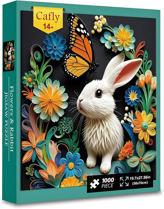 1000 Piece Flowers & Rabbit Jigsaw Puzzle, White Bunny with Monarch Butterfly & Colorful, 19.7x27.6 in for Adults & Teens 14+ (Flowers & Rabbit)