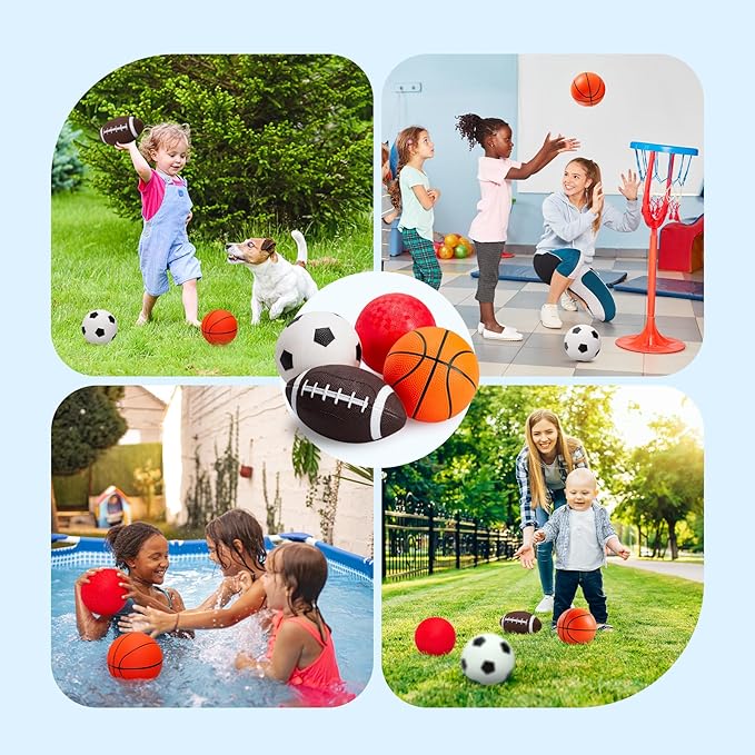 EVERICH TOY Balls for Toddlers 1-3, 4 Pcs 5" Playground Balls for Kids, Soft Rubber Small Sports Ball Set with Football, Basketball, Soccer, Indoor Outdoor Toddler Toys Games Gifts for Boys Girls