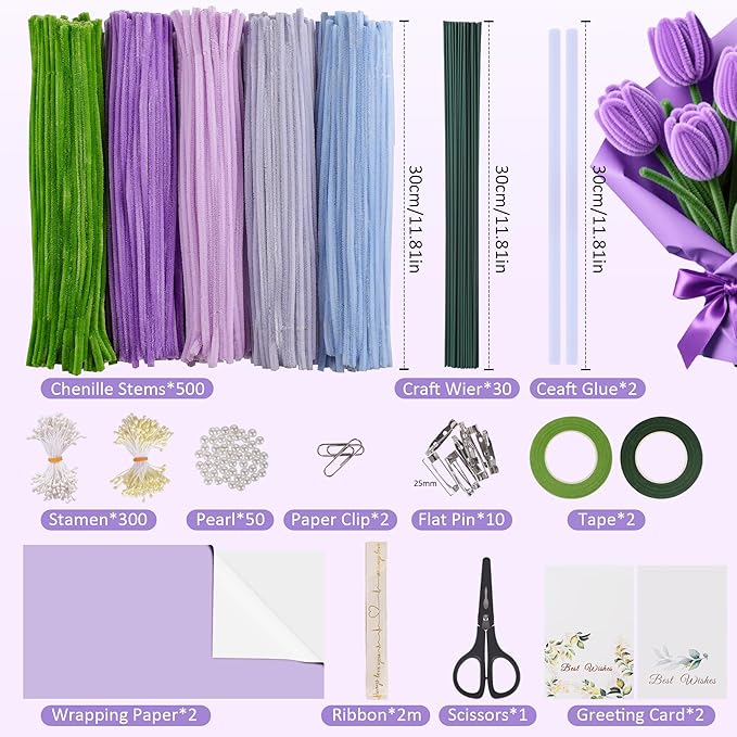 500 Pcs Pipe Cleaners Craft Kit for Flower Making, Complete DIY Bouquet Set with Chenille Stems, Craft Wire, Stamen, Tape, Ribbon & More, Perfect for Arts, Handmade Gifts & Decorations