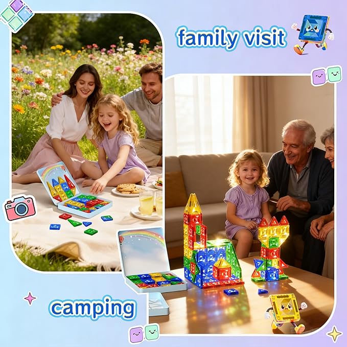 60pcs Mini Magnetic Tiles for Kids Ages 3-8,Travel Magnetic Building Blocks with Metal Storage Box, STEM Educational Toys, Montessori Sensory Learning Toys for Toddlers, Gift for Boys & Girls