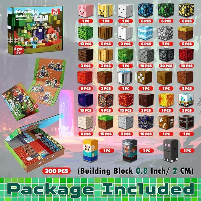 Magnetic Blocks - 200PCS Magnetic Blocks for Kids Ages 4 5 6 7 8 9, Magnetic Building Blocks Cubes, Montessori STEM Learning Toy Ages 3-8, Stacking Magnets, Birthday Gifts for Boys & Girls Ages 3+