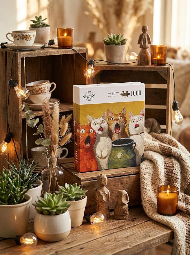 1000-Piece Adult Puzzle - Fun Jigsaw Puzzle for Adults Surprised Cats Oil Painting, Challenging Fun Puzzle for Adults, Colorful Animals Art Puzzle, Great Gift Idea, 26.65 x 19.25 in