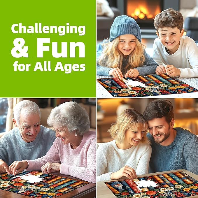 300 Piece Puzzle for Adults Vintage Books and Vibrant Flowers Jigsaw Puzzle Fun Colorful Nature Classic Library Design Puzzle with Letters on Back for Seniors Ideal Holiday