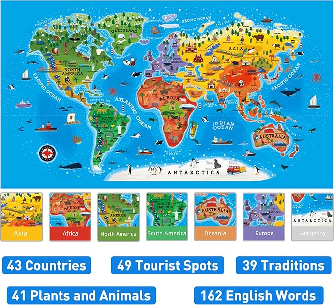 Mideer World Map Puzzle for Kids Ages 4-8, 100 Piece Floor Jigsaw Puzzle for Toddlers with Continents, Geography Educational Toys for Boys Girls, Globe Atlas Preschool Learning Game for Kids Ages 4-6