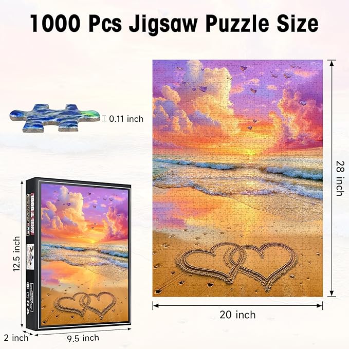 1000 Pieces Jigsaw Puzzles for Adults, Romantic Heart Beach Sunset Puzzle with Letters on Back, 20×28 Inch Hard Difficult Challenging Adult Puzzle for Gift & Home Decor