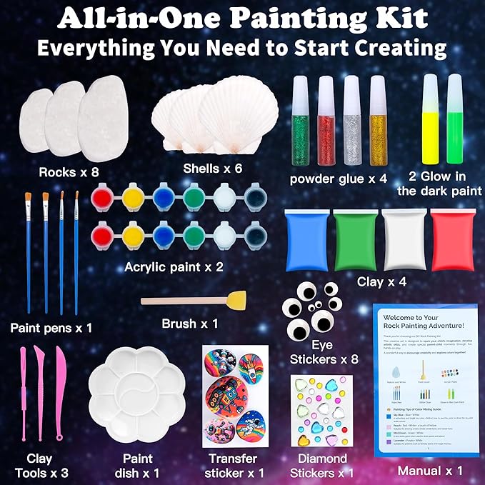 Awsoo Glow in The Dark Rock & Shell Painting Kit Arts and Crafts for Kids Ages 6-12, Kids Craft Paint Kit, Art Supplies Toy, Creative Painting Kits, Christmas Toy Gifts for Boys Girls