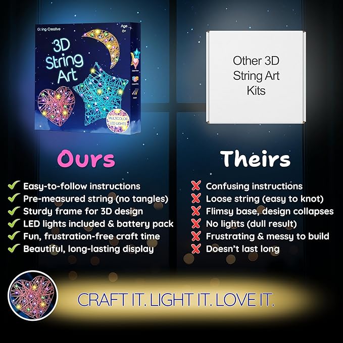 Going Creative 3D String Art Kit for Kids Ages 6-12 – Light-Up DIY Craft Kit with LED Lights, Tassels & Wall Mount – Fun Arts & Crafts Gift for Girls & Boys, STEM Toy, Screen-Free Activity
