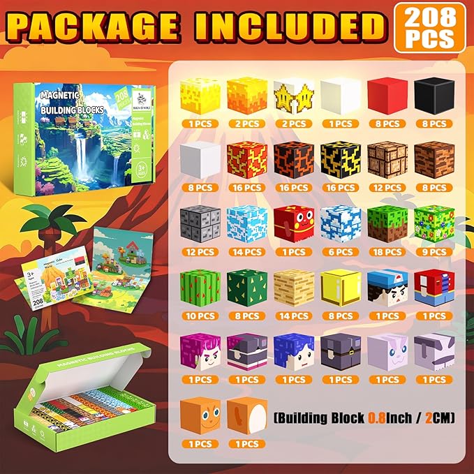 Light Up Magnetic Blocks, 208PCS Magnetic Building Blocks Light Up, Stacking Magnets for Kids, Sensory Toy for STEM Constructions Magnet Blocks for Boys Girls Age 3+, Birthday Gifts