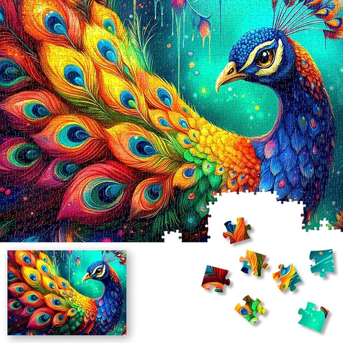ROSE RAIN Premium 1000 Pieces Jigsaw Puzzles for Adults with Letters on Back Dust-Free Thick HD Board - Colorful Fantasy Peacock Bird Animal Art Hard Fun Stress Relief Gift for Family Game Night