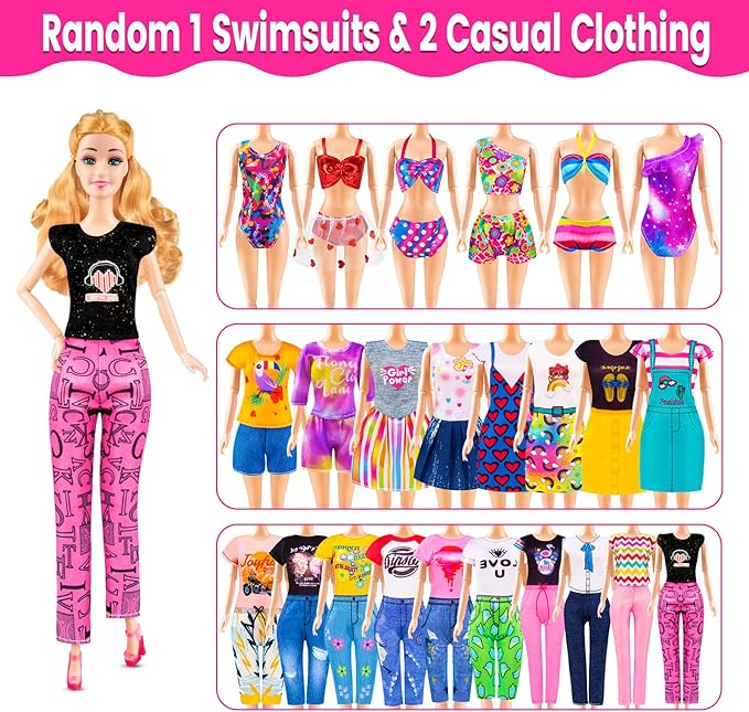 76 Pcs Doll & Convertible Car Playset,Included 11.5 in Dol-l,Car,Princess Dresses,Fashion Dresses,Casual Clothing,Swimsuits,Bags,Shoes,Doll Playset,Doll Dress up Toys for Girls Kids Toddlers Gifts