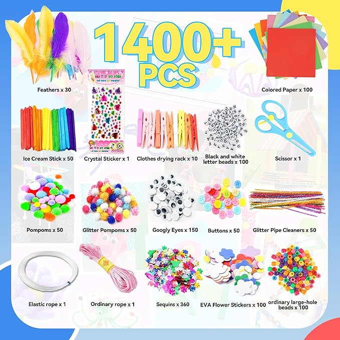 SMILESSKIDDO Arts Craft Supplies for Kids - 1400+ PCS Toddler DIY Craft Art Supply Set, Portable 3 Layered Folding Storage Box School Craft Projects - Gifts for Girls Ages 4-8, 8-12, Pink