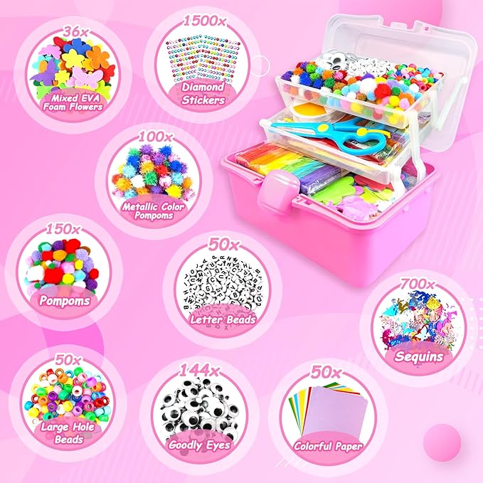 3000 Arts and Crafts Supplies for Kids Craft Kit Craft Box with Pipe Cleaners Arts and Crafts for Kids Age 4-6, 6-8, 8-12 DIY School Supplies Materials Set Toys Gifts for Girls Boys Toddlers, Red