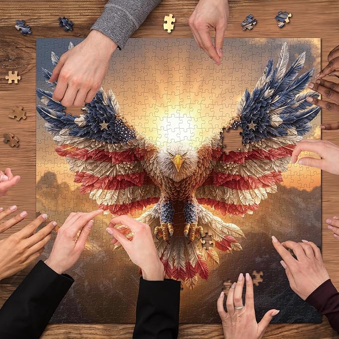 American Flag Eagle Puzzles for Adults 1000 Pieces, Nature Bird Bald Eagle Sunset Landscape Jigsaw Puzzle, Majestic Patriotic Freedom Wings Art Puzzle, Challenging United States Themed Puzzle