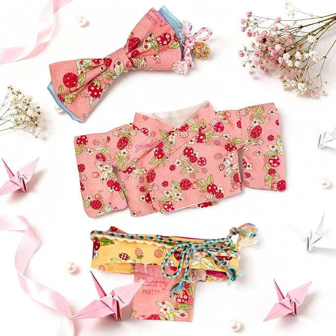 17cm Doll Clothes,Outfit Accessories Kimono Set for 6.7inch Dolls Girls, Kawaii Chic Designer Style Strawberry Butterfly Knot Hairbow+Pink Clothing Pajamas(NO Doll)