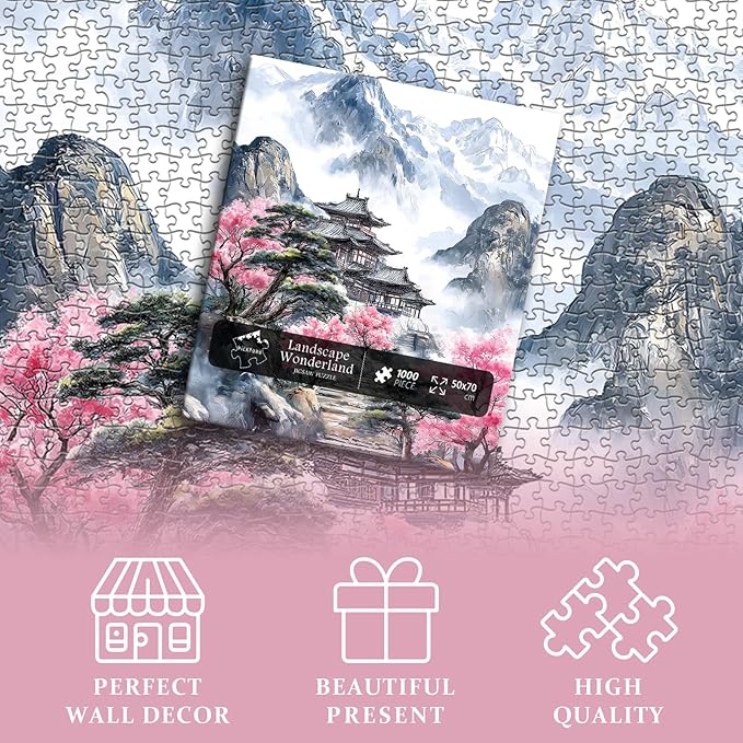 PICKFORU Landscape Puzzles 1000 Piece for Adults, Nature Mountain Scenic Puzzle with Cherry Blossom Tree, Vintage Flower Retro Scenery Unique Art Impossible Jigsaw Puzzle