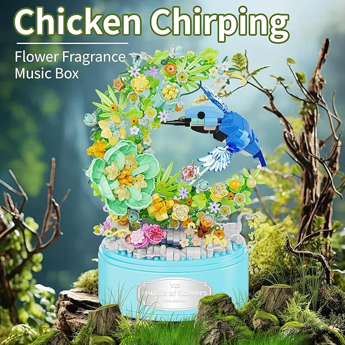 DIY Garden Toy Kit for Kids, Bird-Shaped Flower Building Set, Educational STEM Gift for Girls Boys Age 8+, Rotating Music Box Craft, Birthday Present Home Decor (Green)