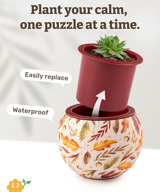 PieceRelax 3D Puzzle Planter 80 Pieces - Flower Pot - Dancing Leaves in Fall, for Mom, Home Decor Flower Pots for Indoor Cactus, Succulents Pots [K1108]