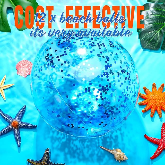 Lewtemi 12 Pcs Inflatable Glitter Beach Balls 16 Inch 24 Inch Shiny Giant Confetti Balls Swimming Pool Beach Blow up Balloon for Outdoor Summer Party Wedding Decor(Blue)