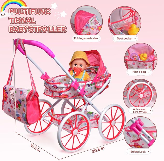 Baby Doll Stroller Set Toys with 12.5'' Baby Dolly, Baby Doll Accessories with Dining Chair&2 Set Clothes&Diaper Changing, Doll Playset for Kids, Pretend Play Girls Toys Gifts for Girls 3 4 5 Year Old