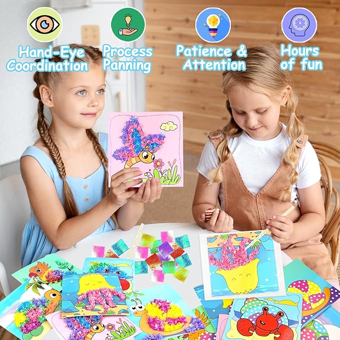 KIFHCMPR Poke-in Fun Art Fabric Craft,Animals Theme,Mess Free Kids'Paper Craft Kits,Arts and Crafts for Kids,Art Activity Birthday Christmas Gift Ideas for Children,Toys for Girls &Boys Ages 4-10+