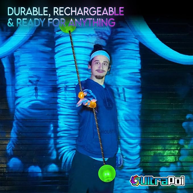 OrbPoi Pro Set - Orb Poi Pro w/LED UltraKnob Pro Handles - USB Rechargeable Contact LED Poi Balls w/40+ Color Modes & Patterns - LED Poi Spinning Balls w/Soft Durable Cases - Flow Arts Toy, UltraPoi