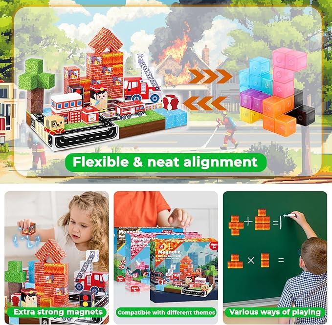 Goody King Magnetic Blocks|100PCS Fire Truck Magnetic Building Cube Game,Constructions Toys for Boys & Girls Age 3-4,5-8 9 10,STEM Montessori Stacking Toy,Sensory Tiles Building Easter for Toddlers