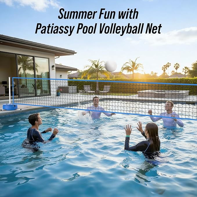 Pool Volleyball Net Set for Inground/Above Ground with Adjustable 15-30FT Length, Pool Games for Adults and Family, Poolside Volleyball Nets with Ball, Pump, Heavy Duty Poles, Weighted Base
